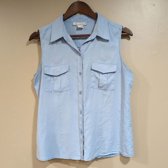 Anna and Frank Tops - Anna & Frank Womens L 100% Silk Sleeveless Collared Blouse Blue Top Pockets